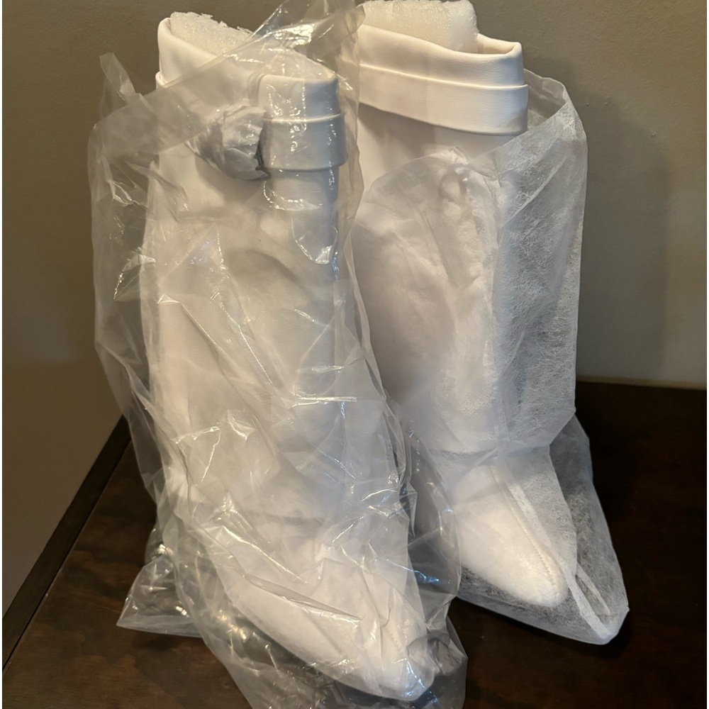 Fold Over Wedge Boots- white, mid calf - 5.5